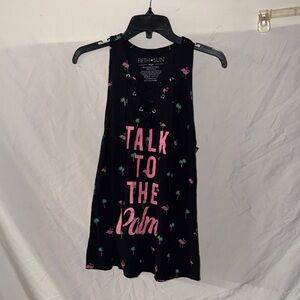 Black Tank Top with Pink flamingos and Palm Trees  “Talk to the palm” Graphics